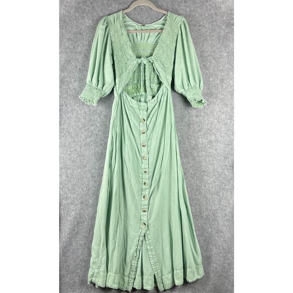 Free People Dresses & Skirts - Free People String Of Hearts Maxi Dress Womens Small Green Smocked Boho Peasant